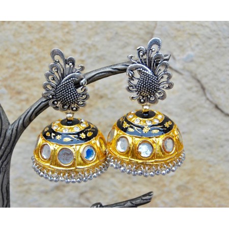 Two Tone Silver Gold Peacock Jhumka Earrings 